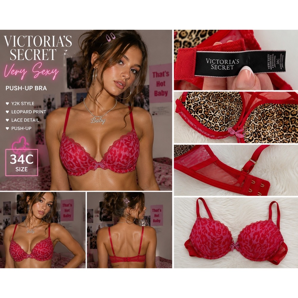 Y2K Animal Print Victorias Secret Very Sexy Red Leopard Lace Push-Up Bra 34C